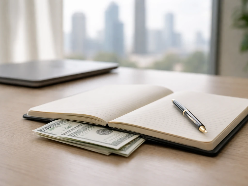 Simple desk scene with money and a closed laptop, suggesting corporate income sources.