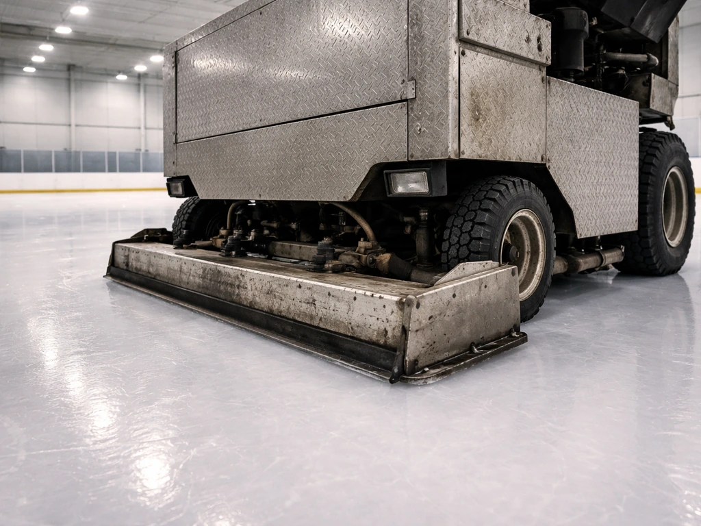 Vintage Zamboni-style ice resurfacer parked on a rink under bright lights