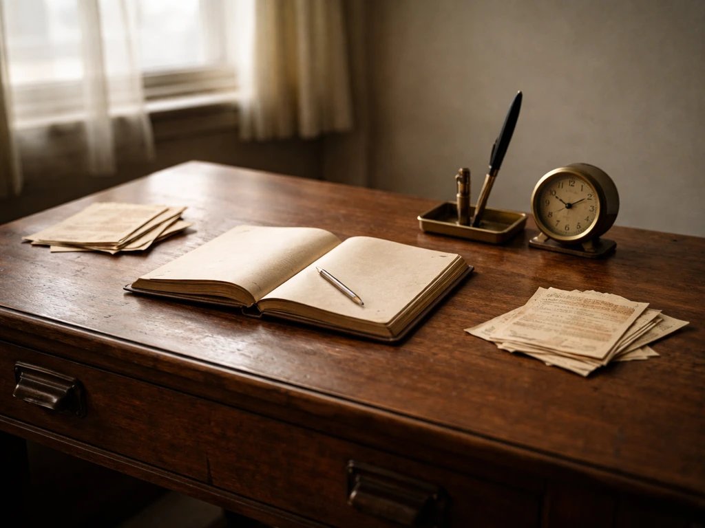 Minimal photo of a vintage desk with an old ledger and pencil, suggesting a three-phase wealth story timeline.