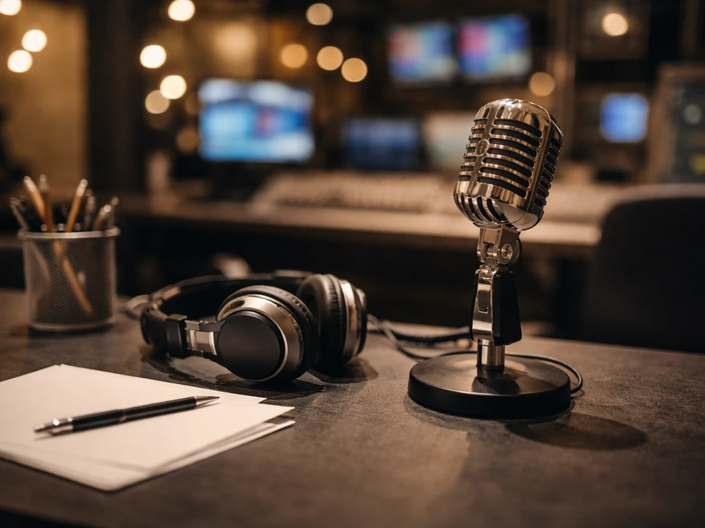 Anonymous media studio scene with microphone and headphones, symbolizing a TV personality’s career.