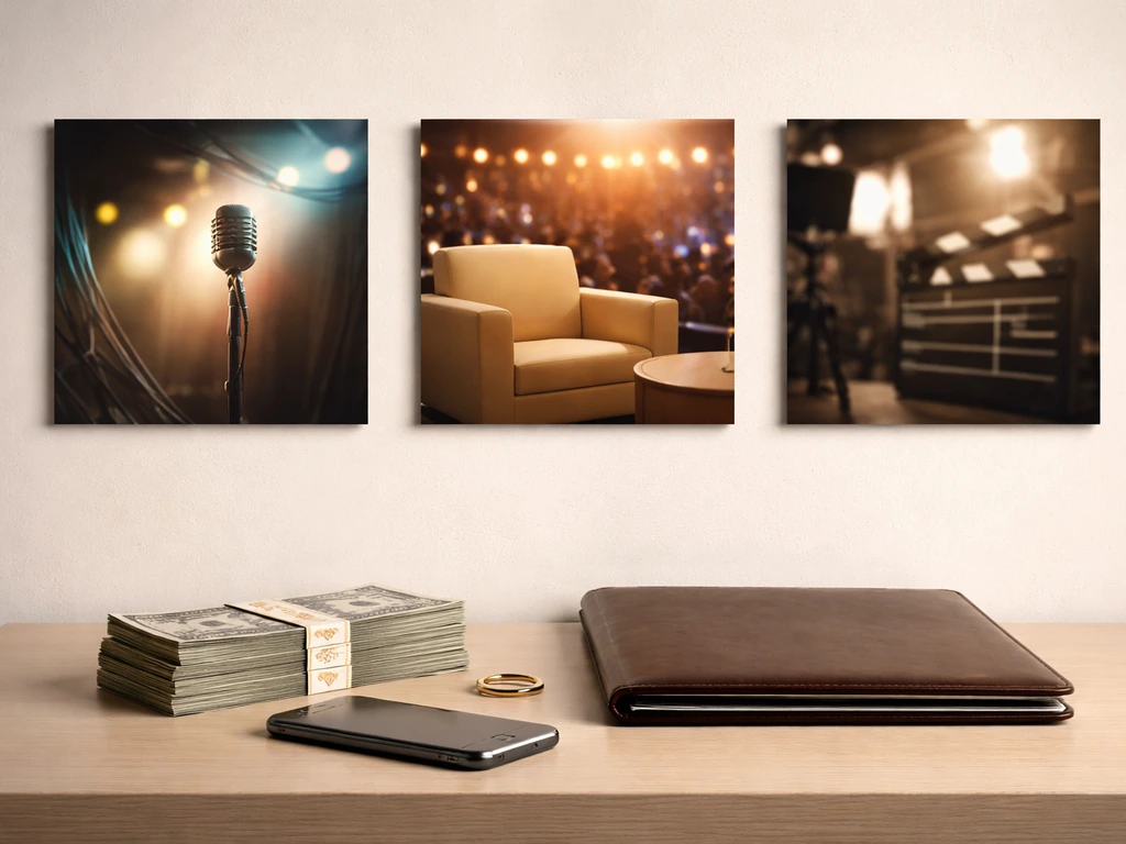 Minimal wall with three media-era photo vignettes and a desk with a premium folder suggesting growing wealth.