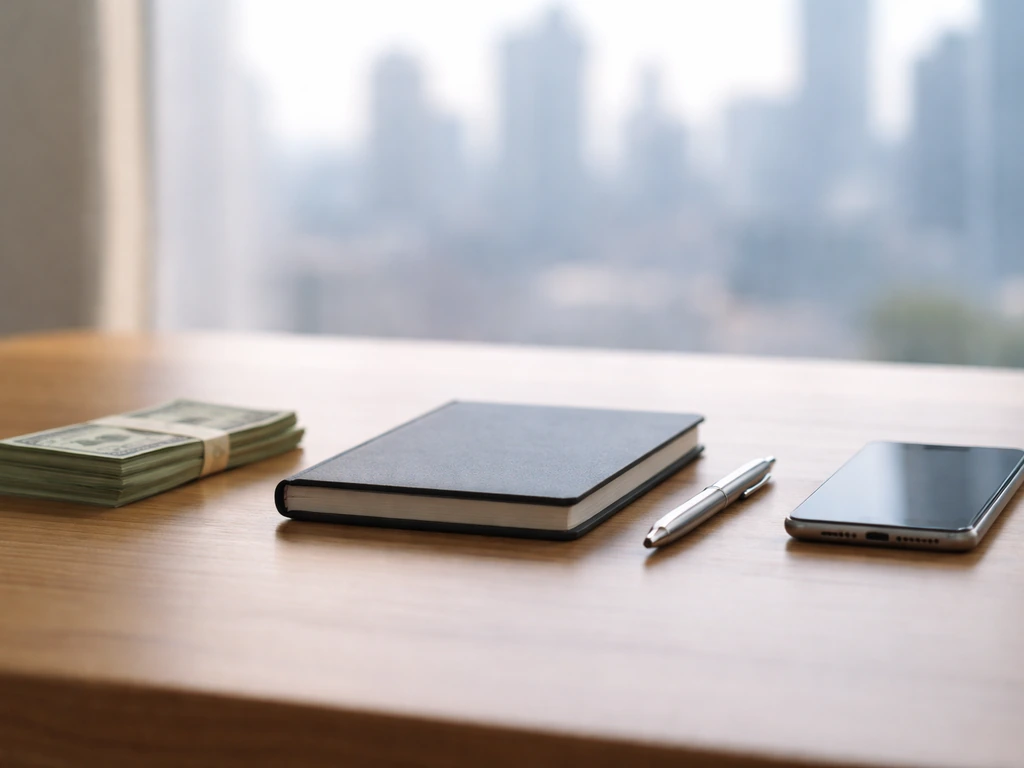 Simple photo of a desk with cash and a smartphone beside a notebook, symbolizing net worth estimate ranges
