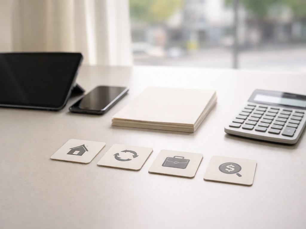 Minimal office desk with blank papers, calculator, phone, and icon-style cards symbolizing property, transactions, asset