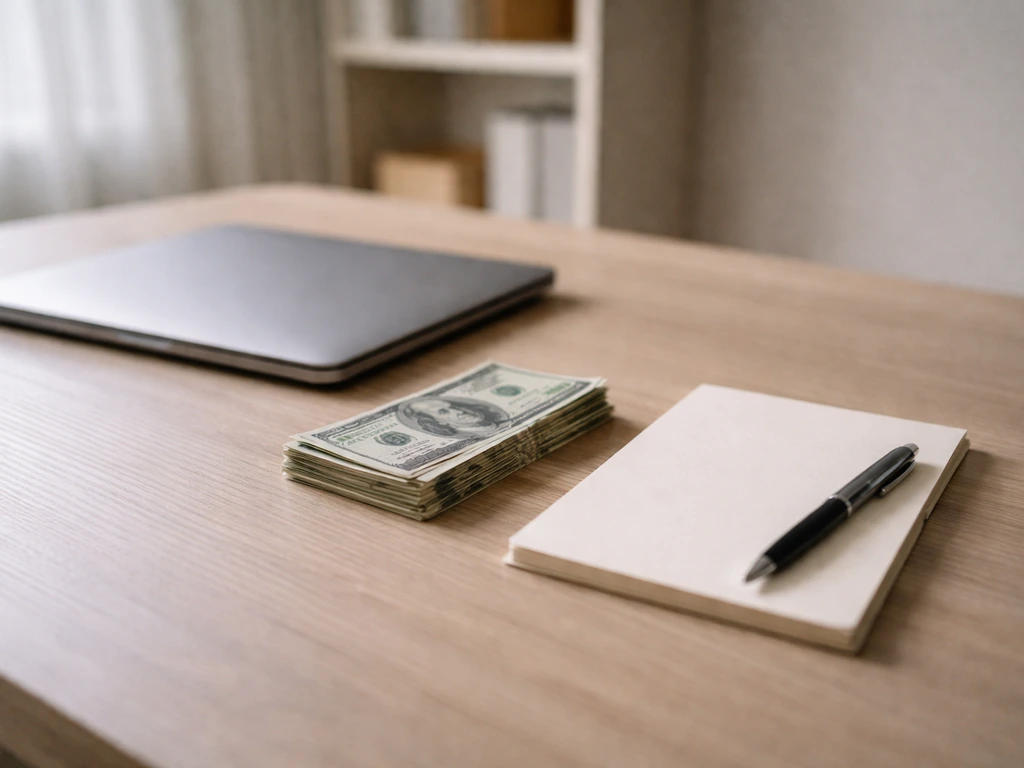 Minimal office scene with a cautious source-reliability vibe using cash and an off-white notepad, no text.
