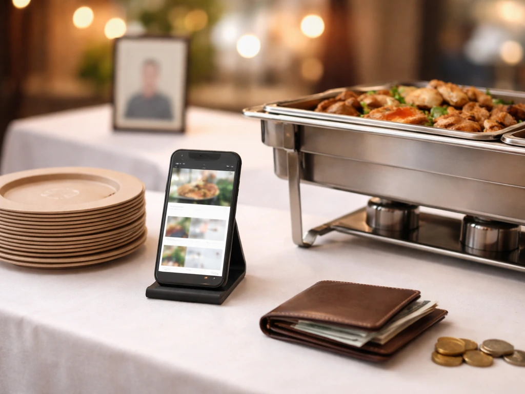 Catering buffet and smartphone with a framed portrait placeholder, plus coins suggesting net worth analysis