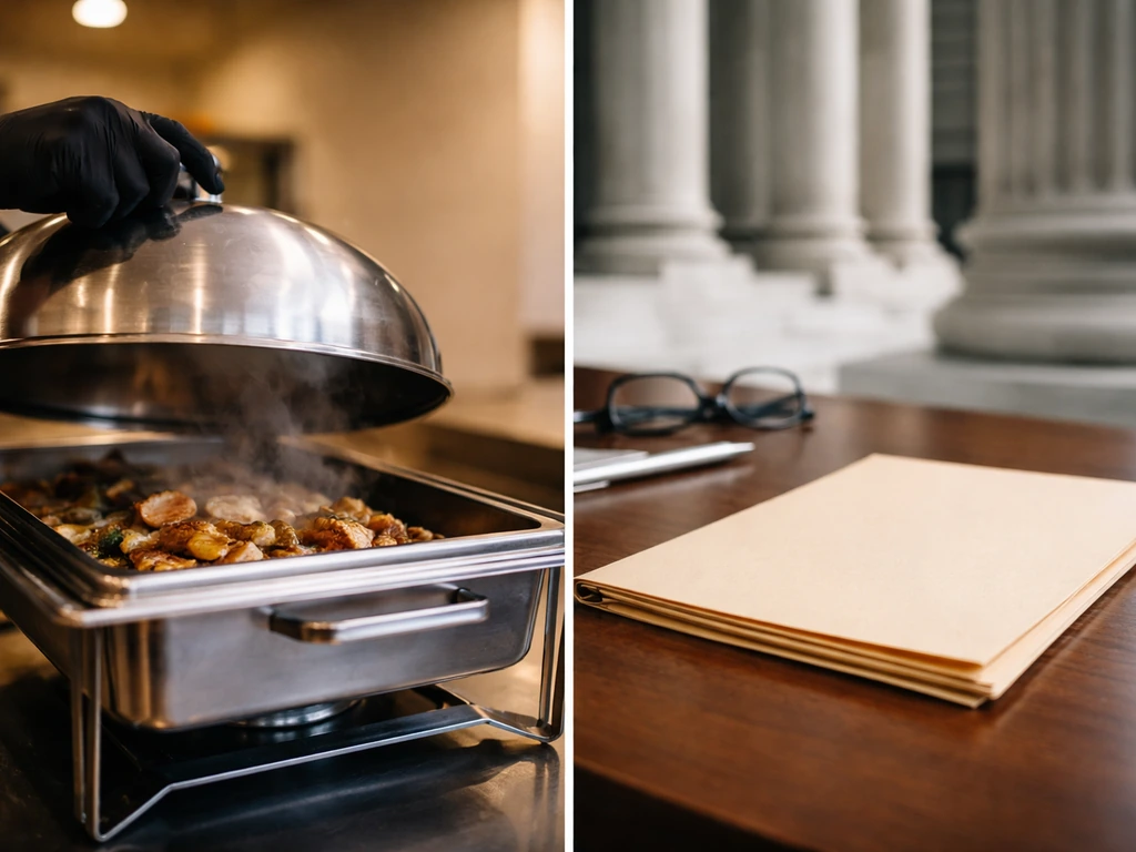 Split-screen: catering kitchen tray on one side and generic legal folder/courthouse vibe on the other.