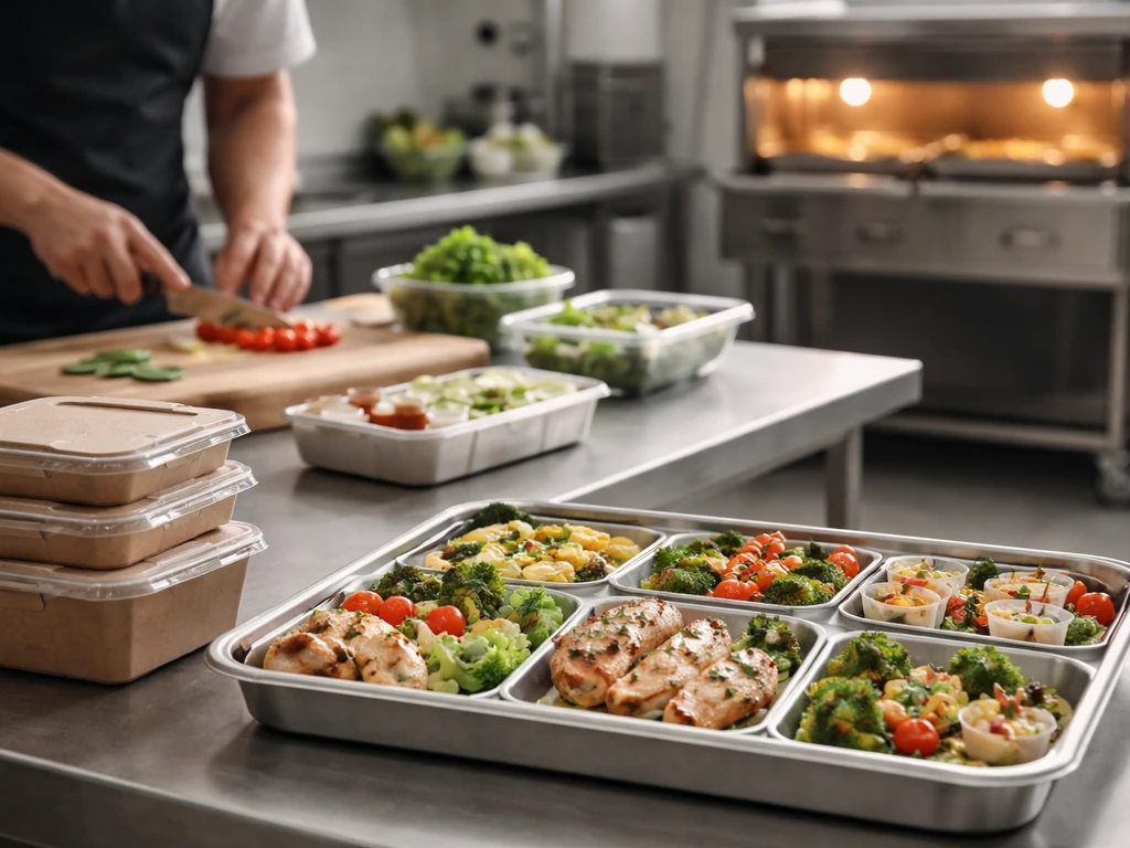 Hands prepping catering food in a commercial kitchen with service trays and a catering cart in soft focus.