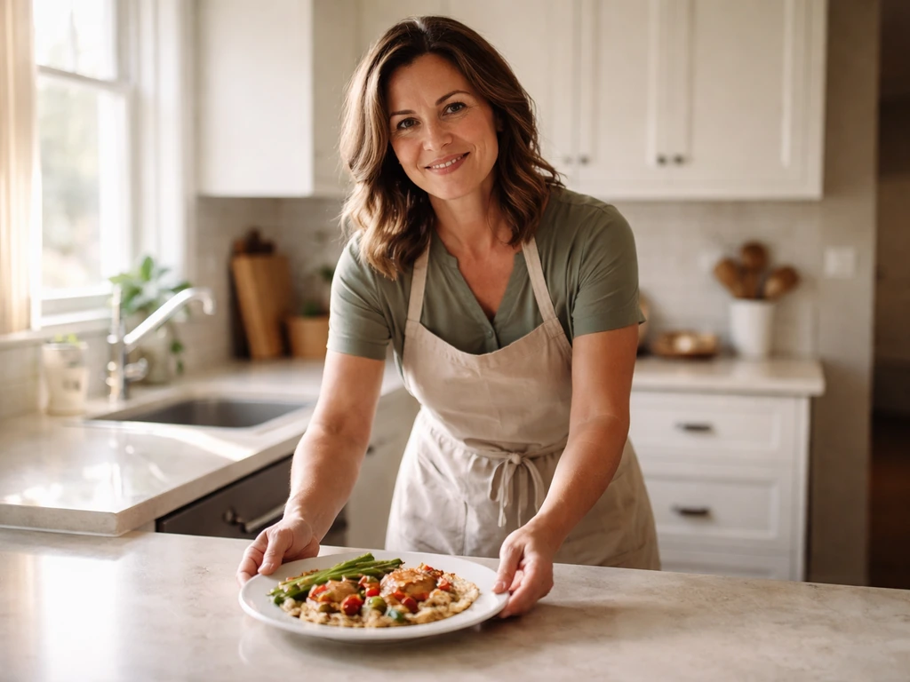 Woman in a simple home kitchen, holding a dish towel, warm natural light—family-business vibe without text.
