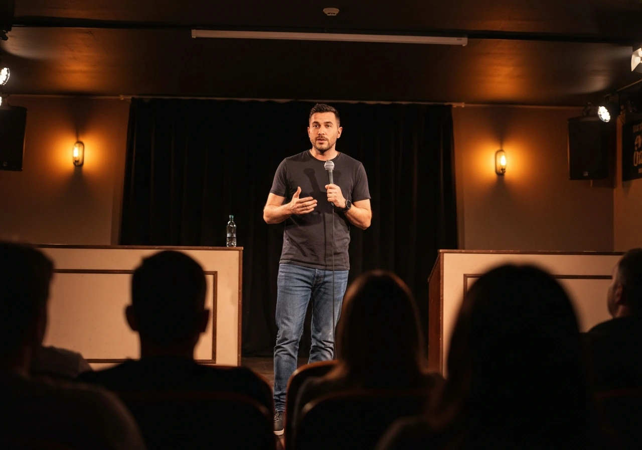 American stand-up comedian in a small theater, holding a microphone under warm stage lights