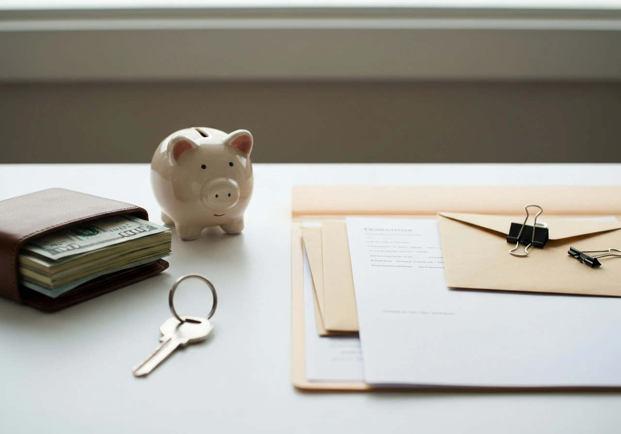 Minimal photo of a clean office desk with a small stack of cash and a closed laptop beside documents