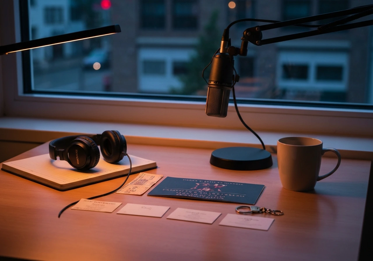 Podcast studio desk with microphone, headphones, and small career-stage items in natural light.
