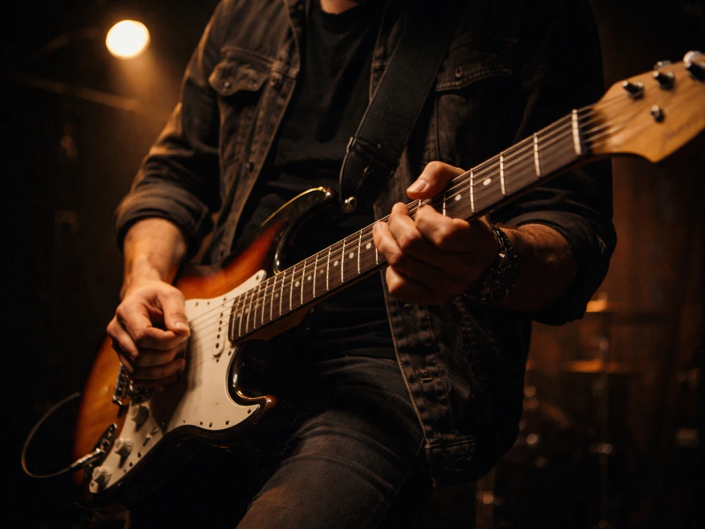 Anonymous rock guitarist’s hands on an electric guitar under warm stage lights.