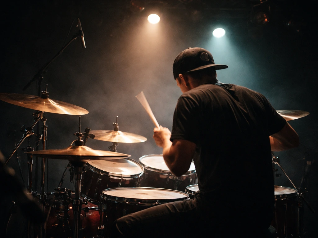 Drummer performing on a dark concert stage with cymbals and backlights in a Guns N' Roses tour atmosphere