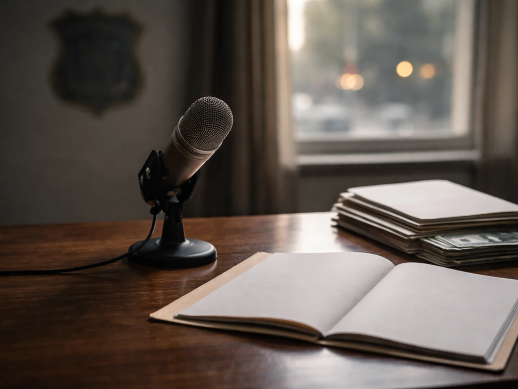Minimal desk scene with microphone, envelopes, and an open folder suggesting investigation and whistleblowing.