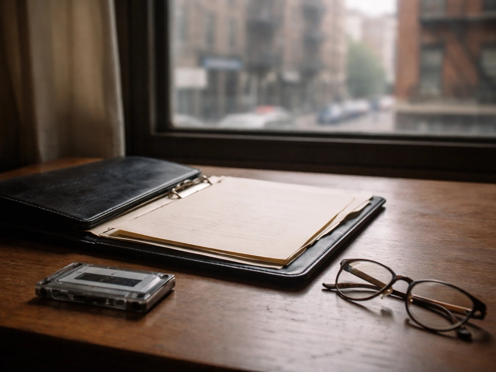 Open investigation file on a wooden desk with cassette tape and glasses, blurred city view outside