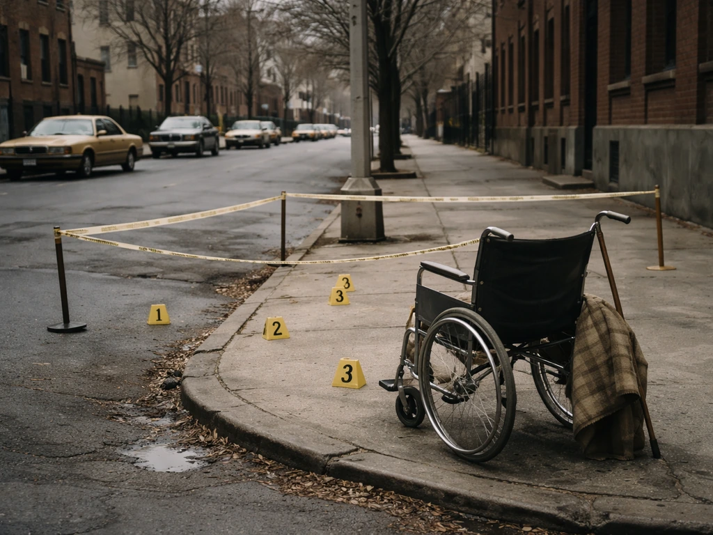 Brooklyn street corner with police tape and a quiet wheelchair nearby, suggesting a 1971 transition after an injury.