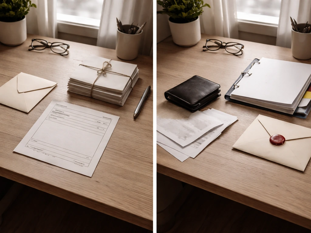 Minimal split scene: a pension check placeholder on one side and uncertain asset/liability items on the other.