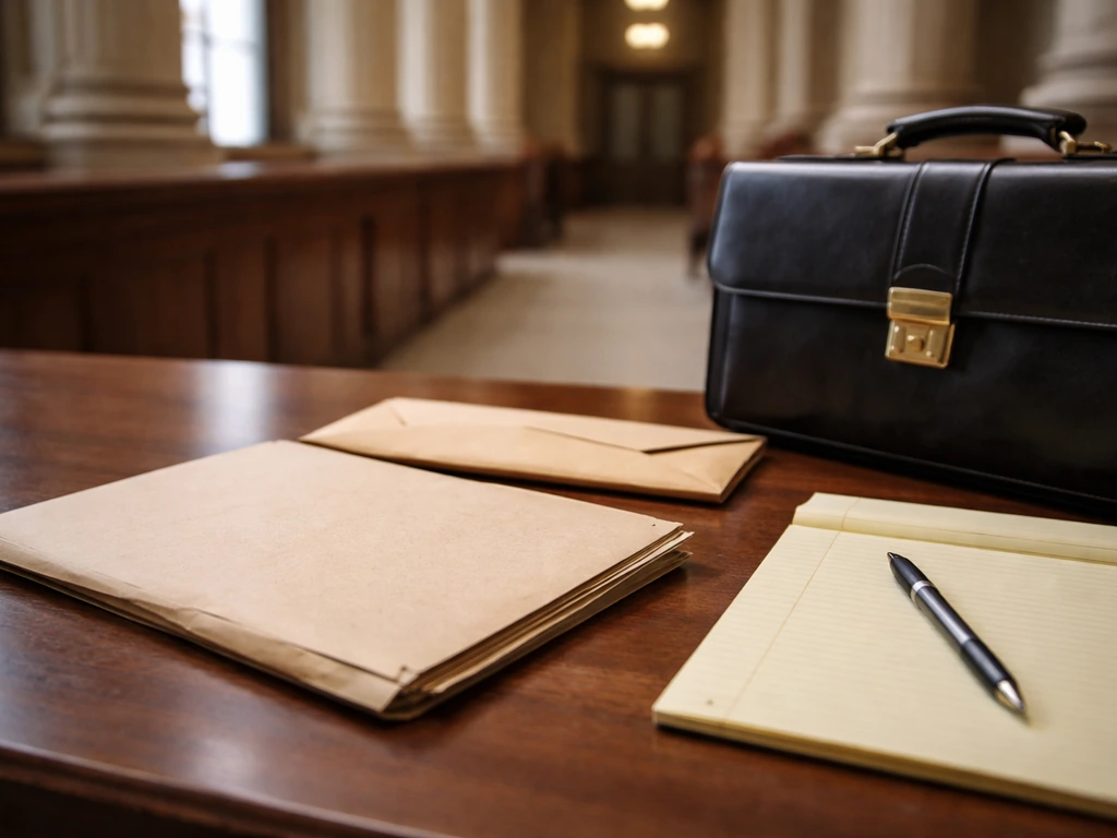 Manila folder and legal briefcase on a desk with a blurred courthouse corridor in the background.