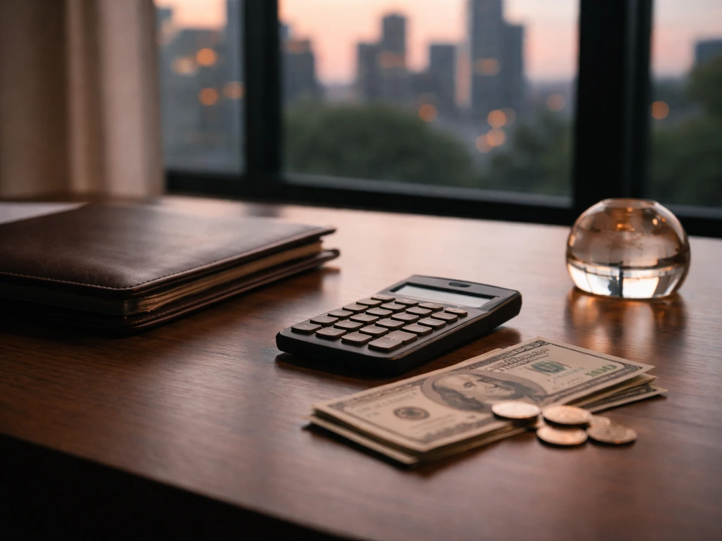 Minimal photo of a banker’s desk with a calculator, scattered cash, and blurred city skyline at dusk