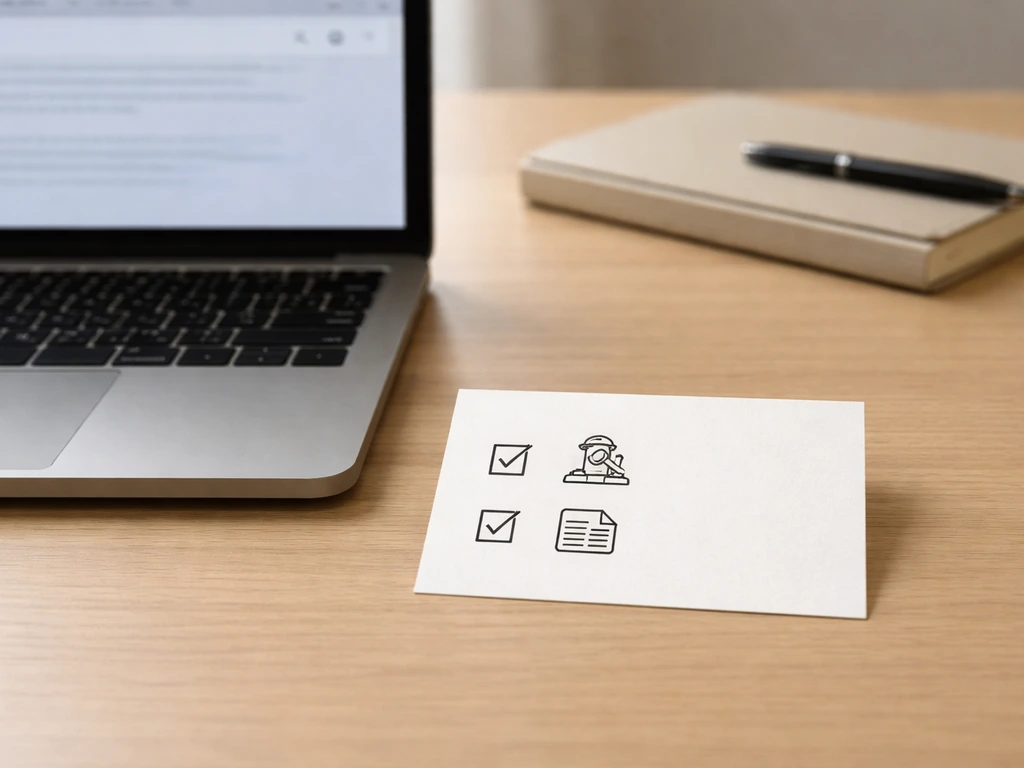 Minimal desk with a checklist card and icon callouts beside a laptop, no readable text.