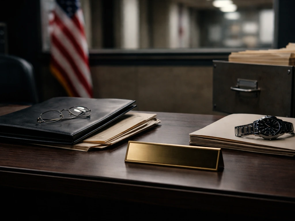 Minimal FBI-era office desk scene with documents and security items, no person visible.