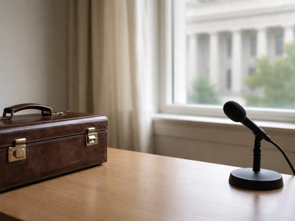 Leather briefcase and desk microphone on a wooden desk beside a window view, symbolizing long-term career income.