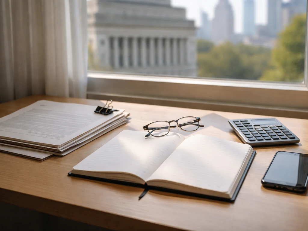 Minimal desk with notebook, glasses, calculator, papers, and blurred window skyline suggesting document verification.