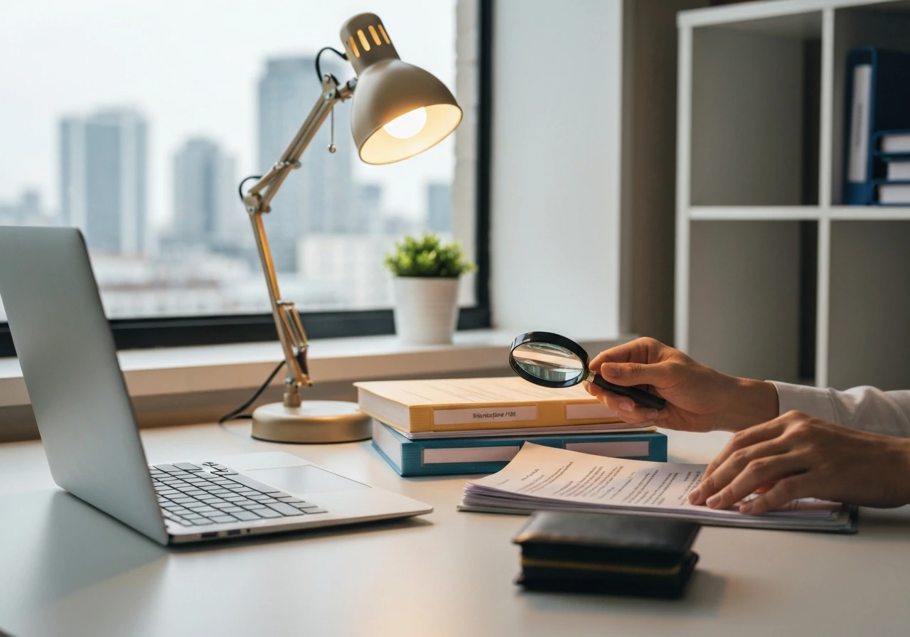 Hands reviewing legal papers with a magnifying glass in a home office, symbolizing net worth source verification.