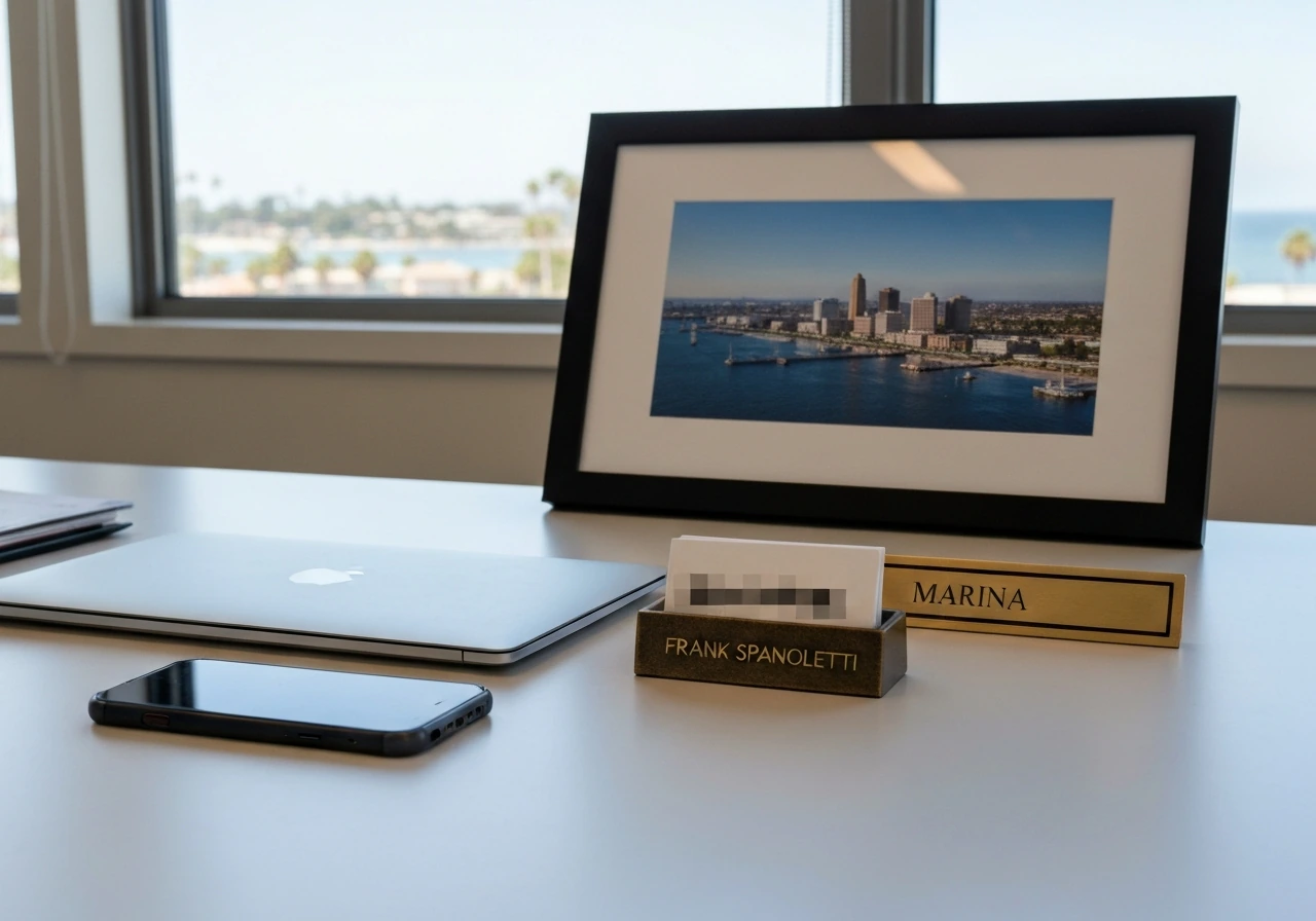 Minimal law office desk with coastal city skyline cue and office items suggesting profile disambiguation.