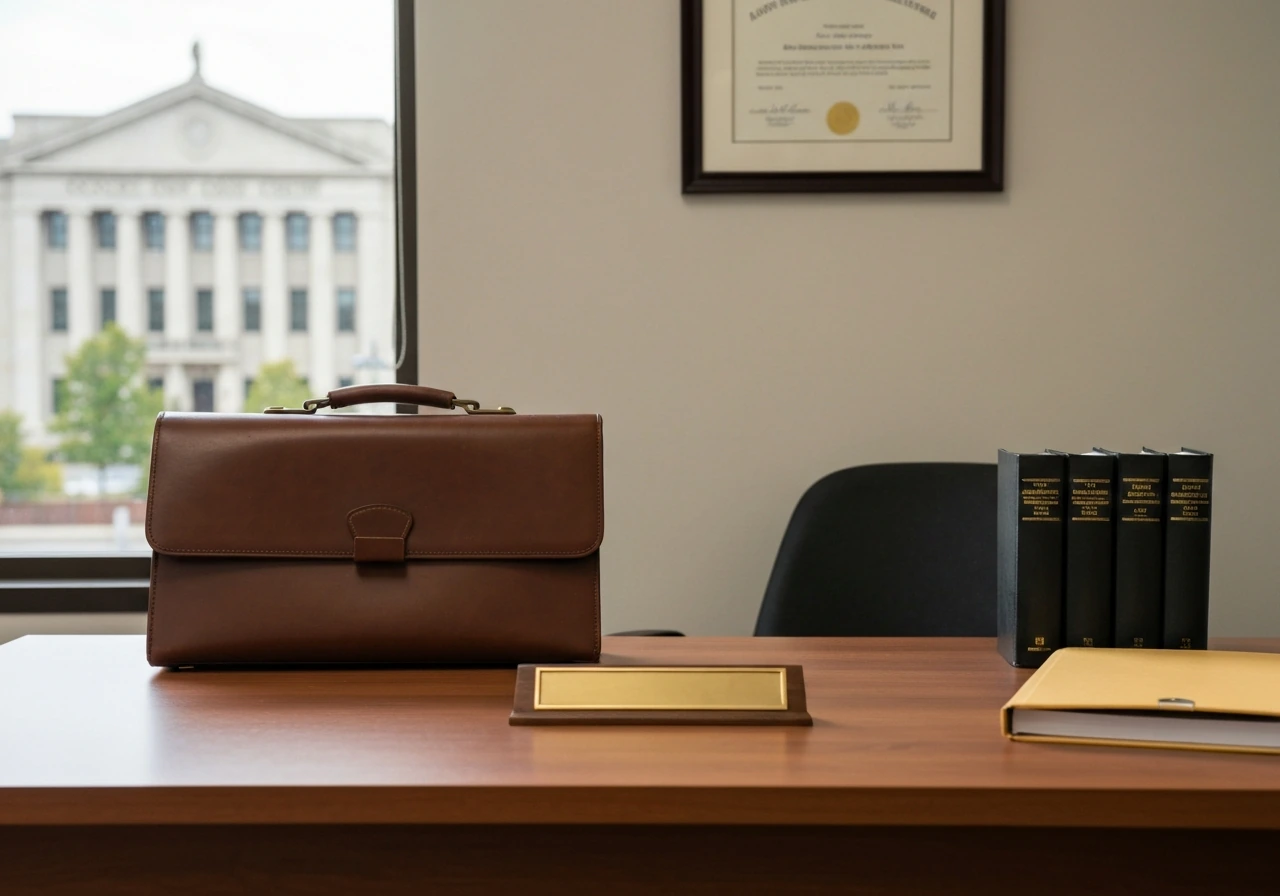 Minimal law office desk with legal books and a briefcase, with a courthouse view through a window.