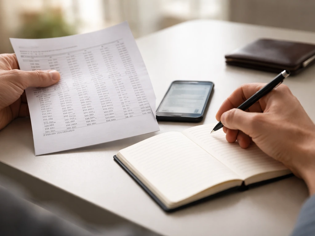 Person reviewing financial documents with a ledger and phone, suggesting verification of net worth claims.
