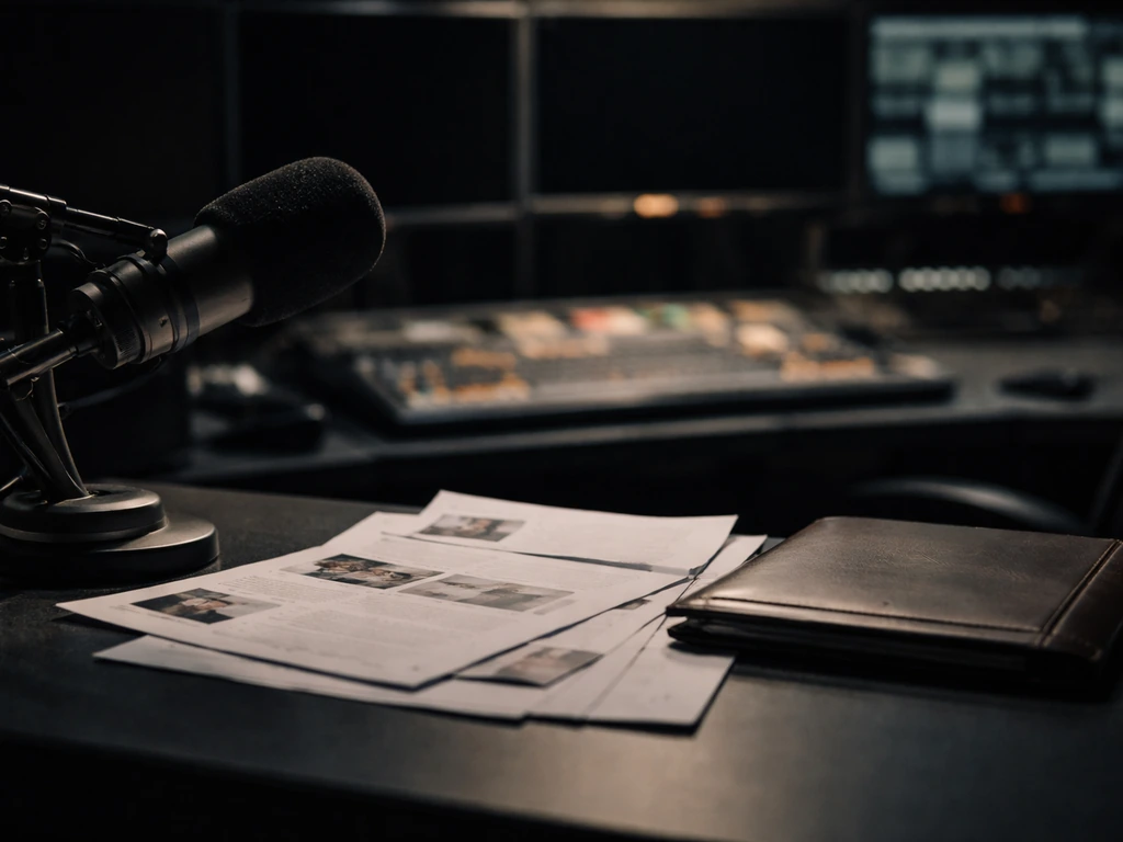 Anonymous TV studio desk with a microphone, papers, and a folder in soft natural light.