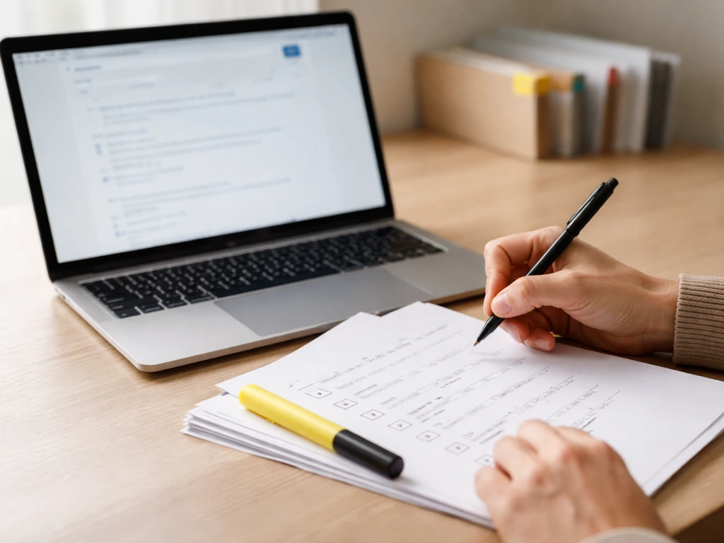 Hands reviewing a laptop and printed checklist notes for cross-checking numbers.