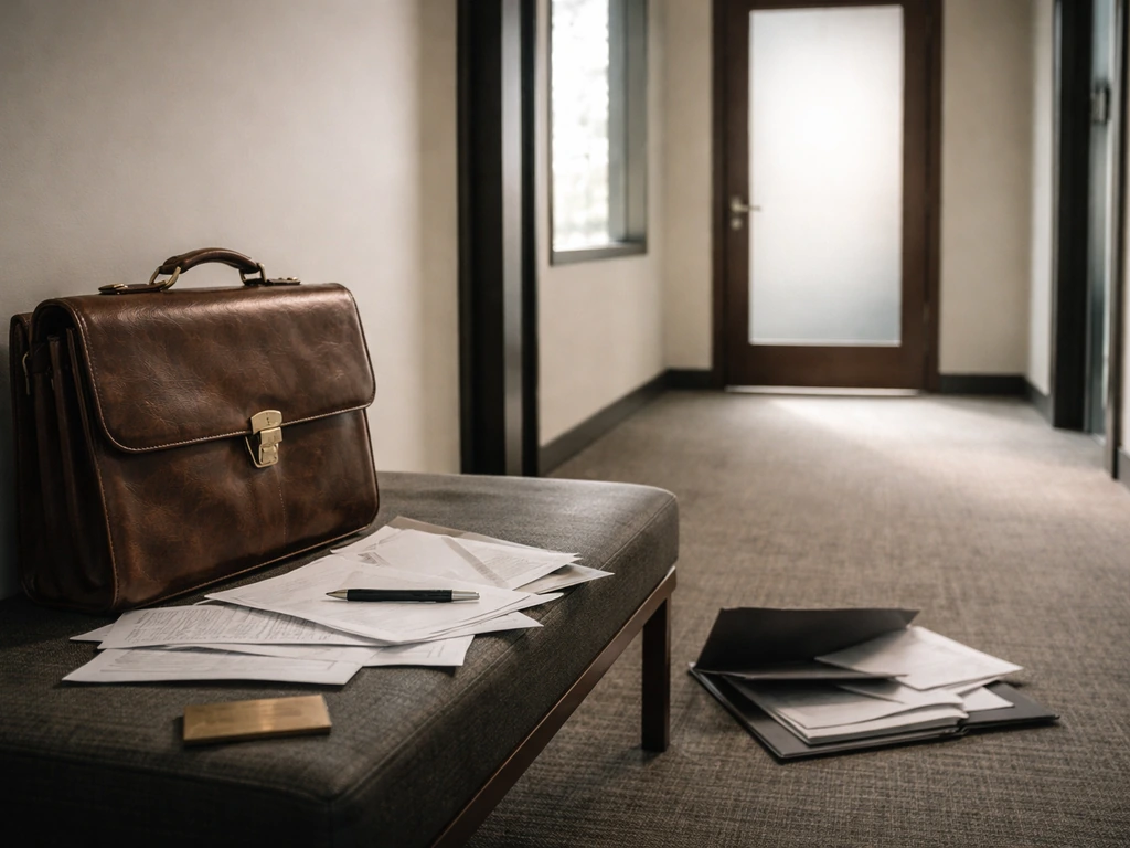 Minimal law-office scene with a leather briefcase and open documents suggesting a disrupted legal career.
