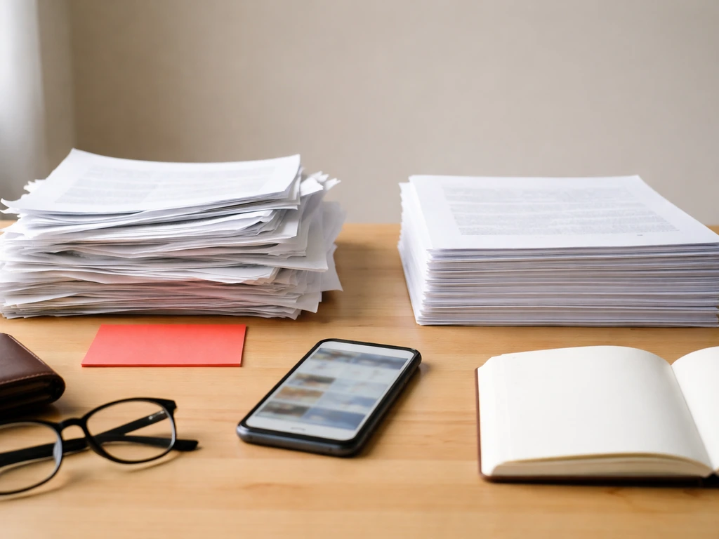 Minimal desk scene with messy vs neatly organized documents, money items, and a blurred phone suggesting research red fl