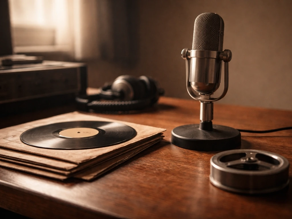 Vintage music-era scene with a microphone and vinyl records, symbolizing chart hits and long-term royalties.