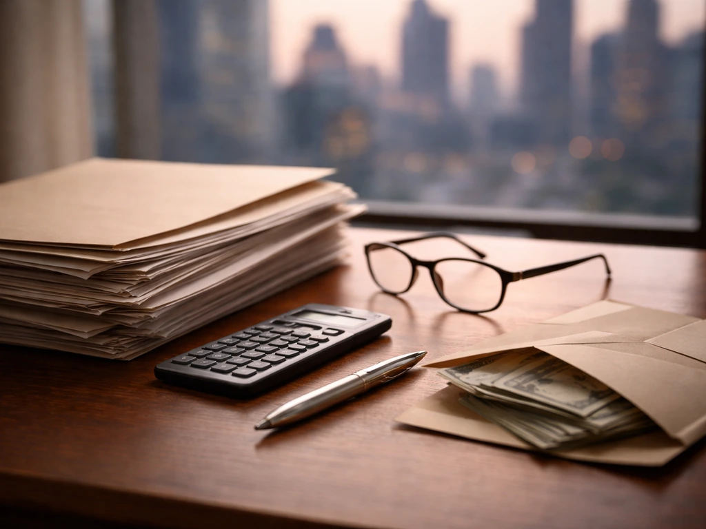 Close-up of legal paperwork and a calculator on a desk beside a blurred city skyline at dusk
