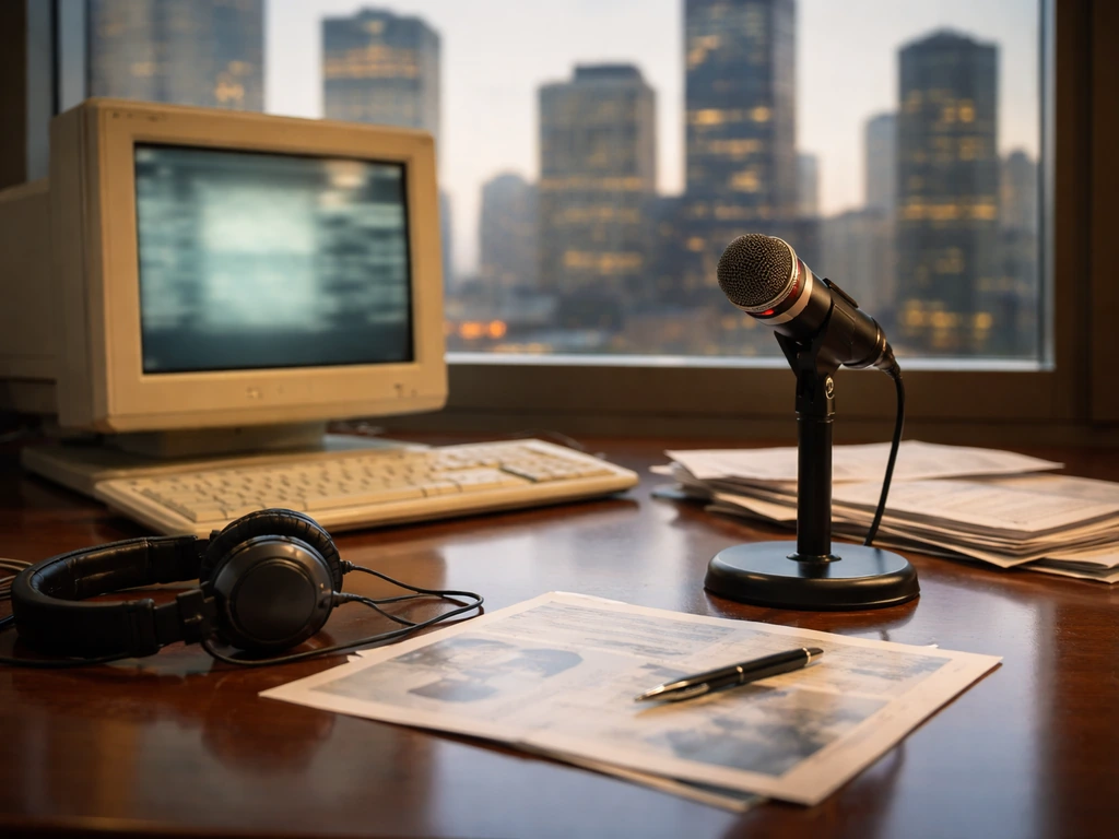 Anonymous finance-and-tech desk setup with a glowing monitor, microphone, and blurred city skyline.