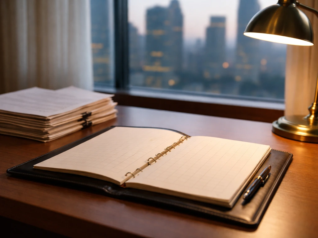 Open leather portfolio with blank financial documents and ledger-like notebook on a desk by a window.