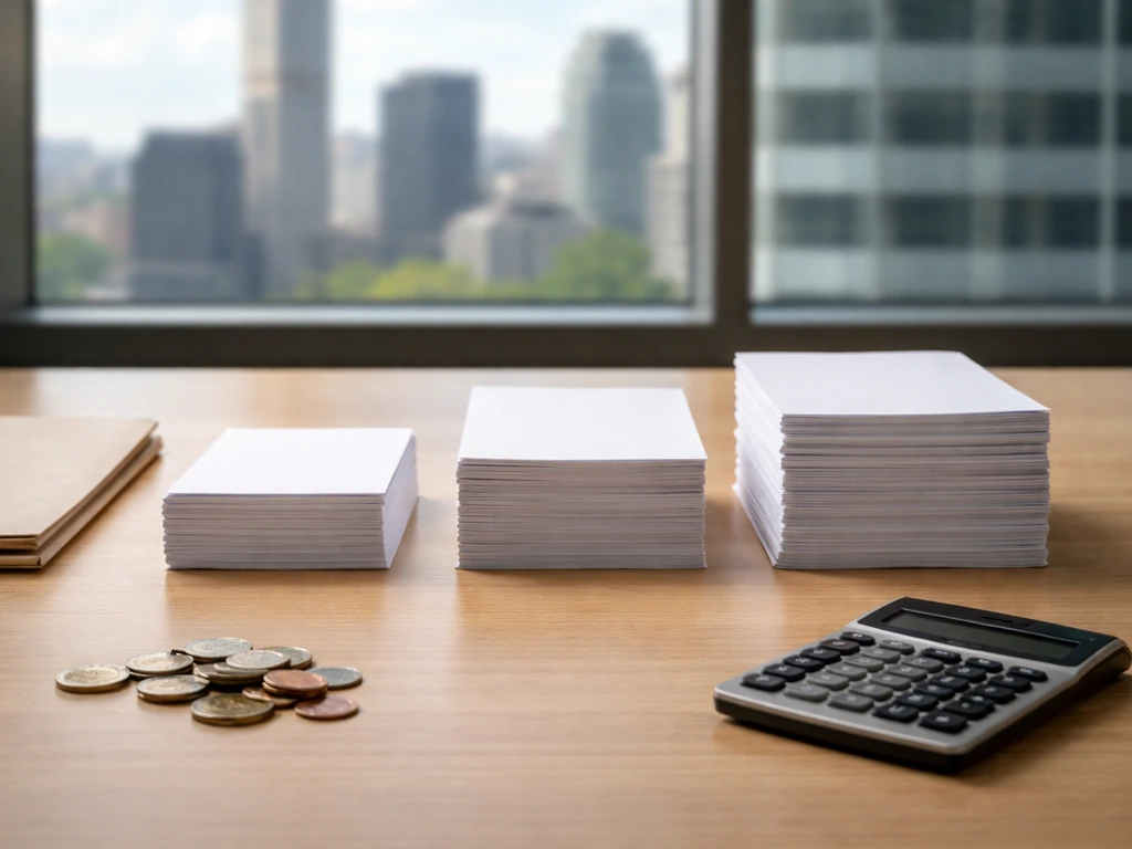Minimal scene showing different “net worth estimate” ranges as physical notes on a desk, symbolizing varying assumptions