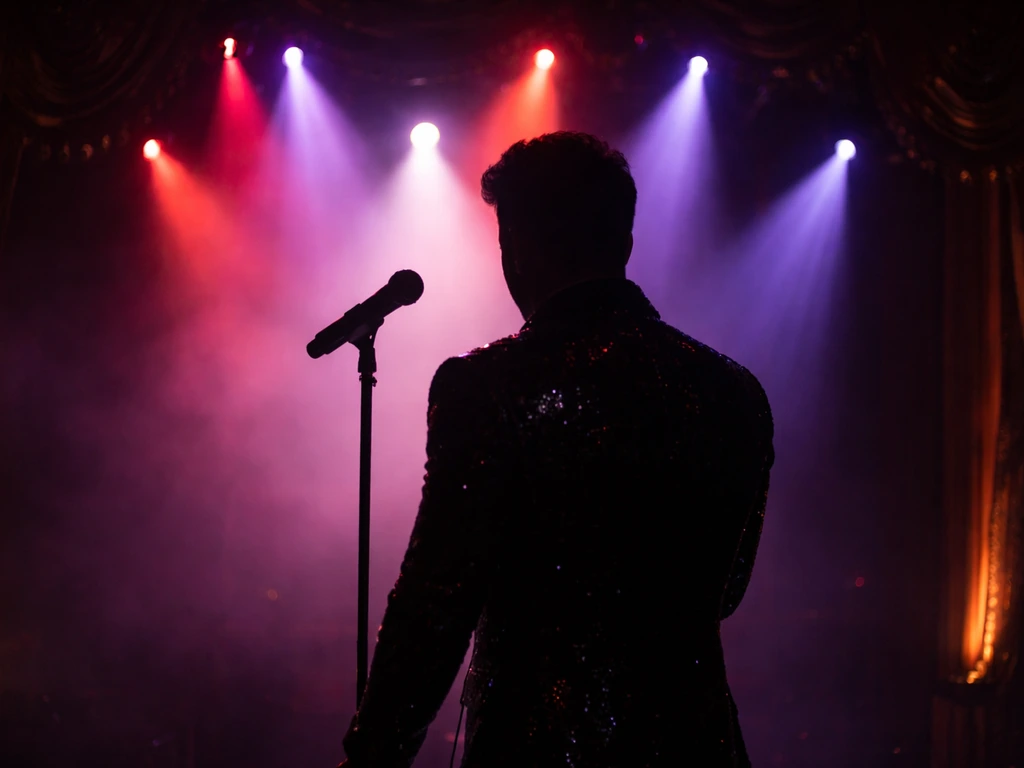 Anonymous silhouette performer under dramatic Las Vegas stage lights with microphone on a dim theater stage.