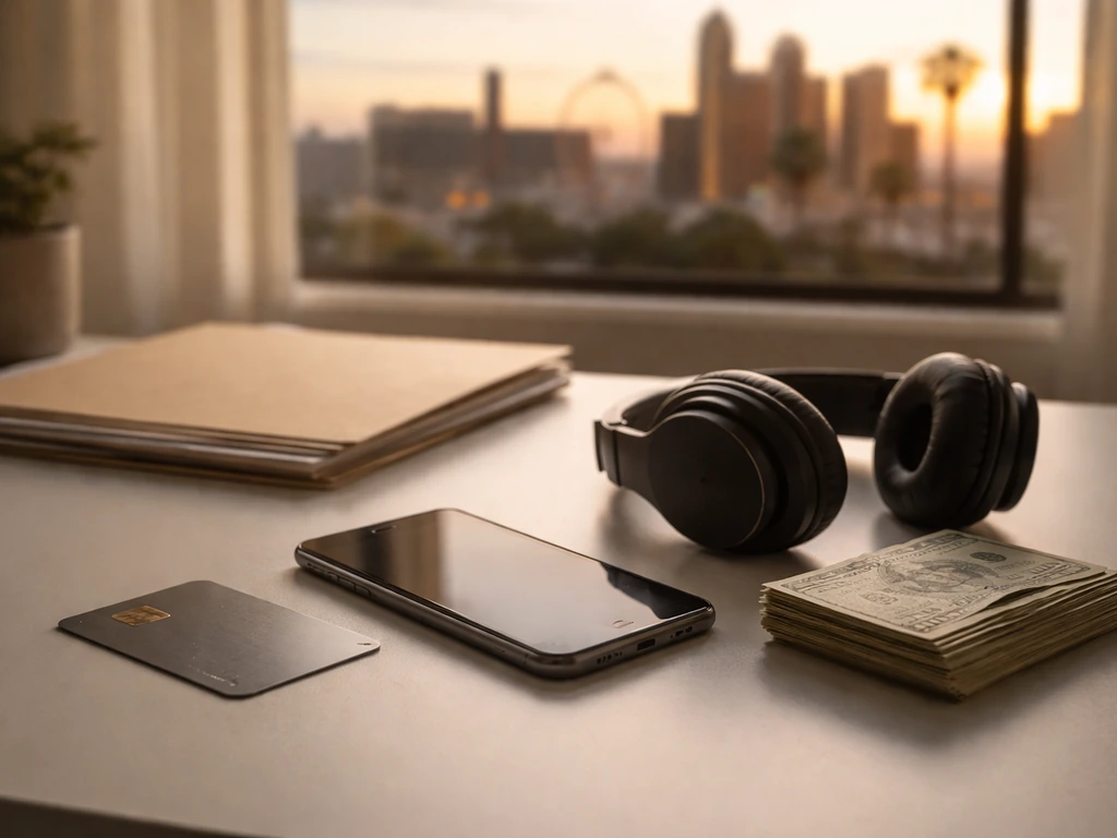 Minimal photo of a desk with music streaming device, cash and a Las Vegas skyline backdrop symbolizing estimate inputs.