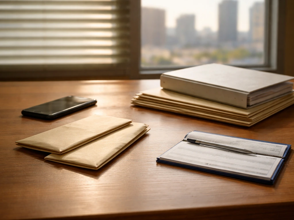 Minimal desk scene with financial folders and cash envelopes suggesting assets vs liabilities.
