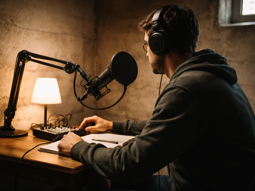 Podcast creator at a small desk with a basement-style recording mic setup and dim concrete backdrop