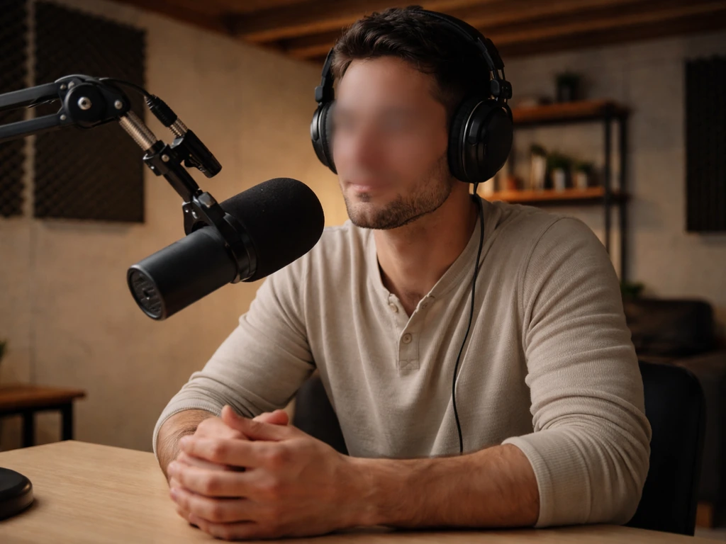 An anonymous podcast co-host at a studio desk with a microphone, listening in a warm-lit basement setting.
