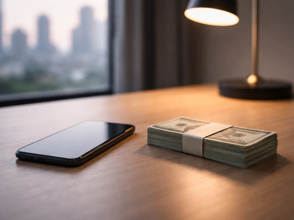 Neutral scene suggesting a wealth estimate: a smartphone and neatly stacked cash beside a desk lamp