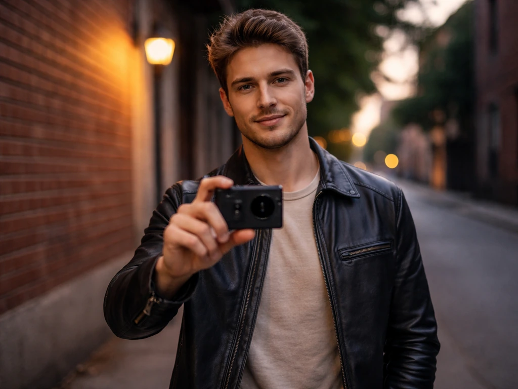 Anonymous young man in casual jacket holding a phone while filming on a quiet city street at dusk.