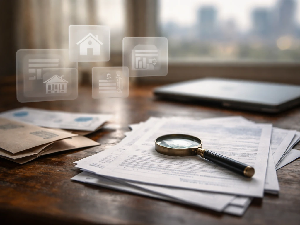 Worn desk with blurred documents and a magnifying glass, symbolizing uncertain net-worth research.