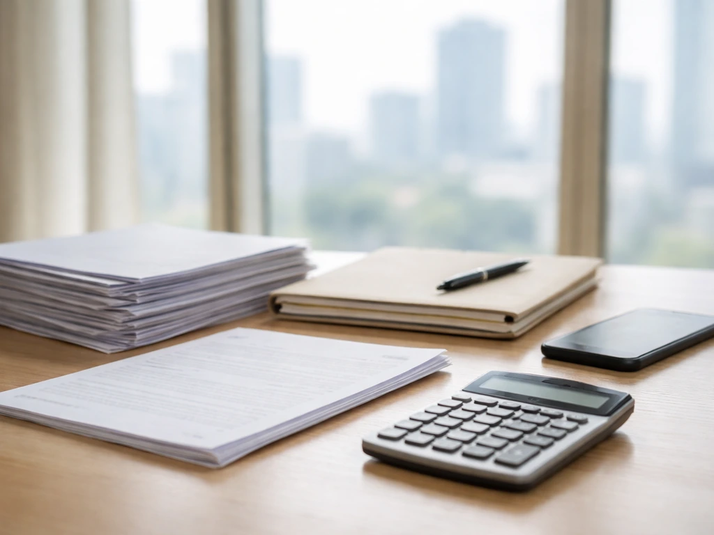 Minimal desk scene with scattered documents and a calculator, symbolizing net worth estimate calculations.