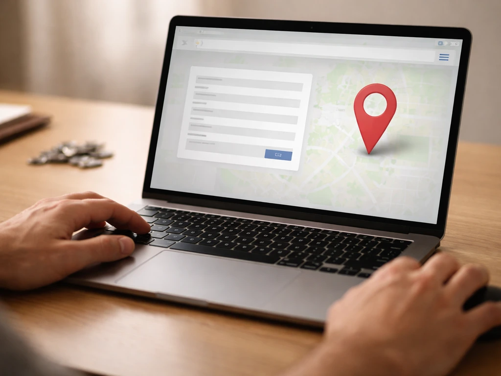 Close-up of hands using a laptop mouse to search property records with a map-pin icon.